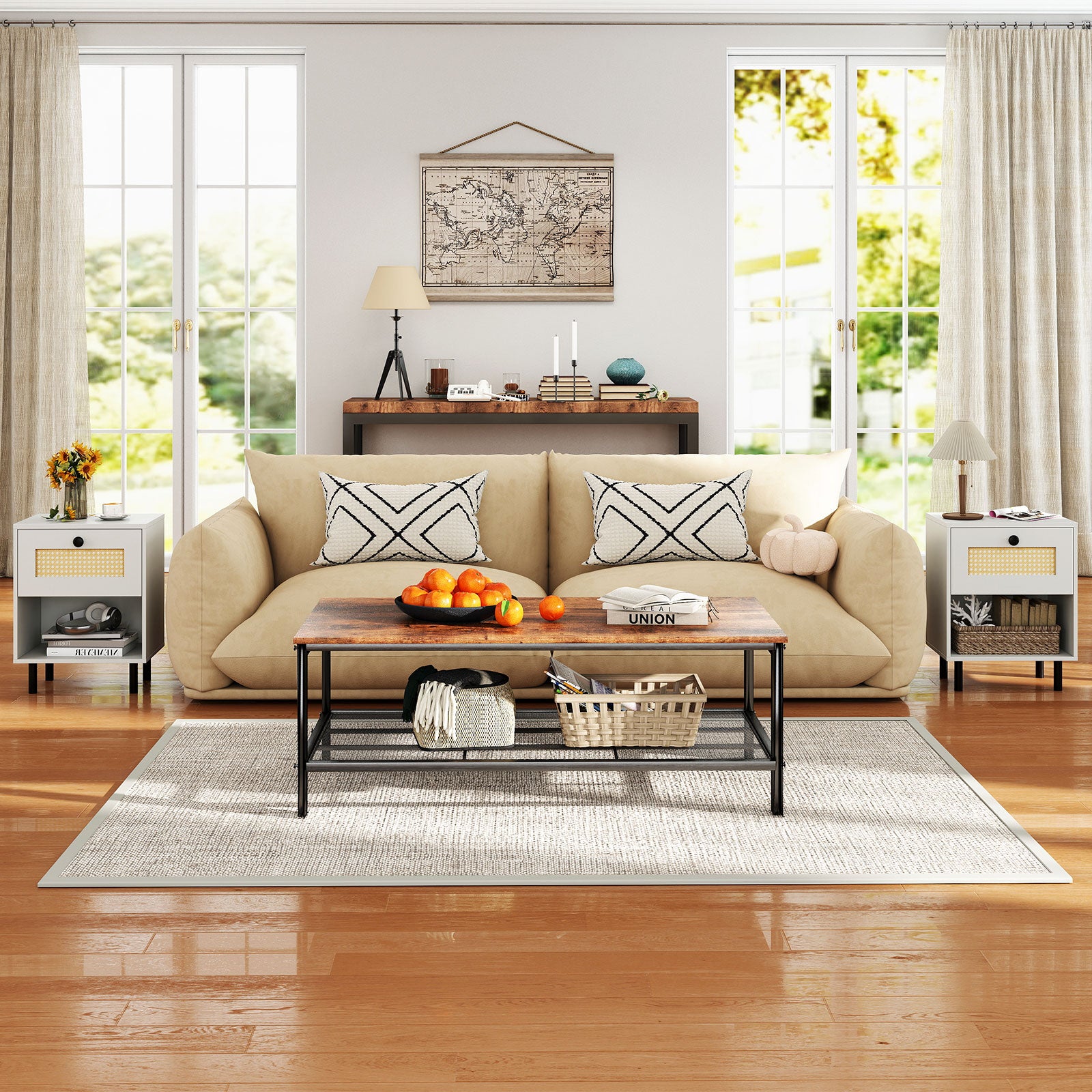Rattan Nightstand Boho End Table with Rattan Drawer and Open Shelf, White Bedroom at Gallery Canada