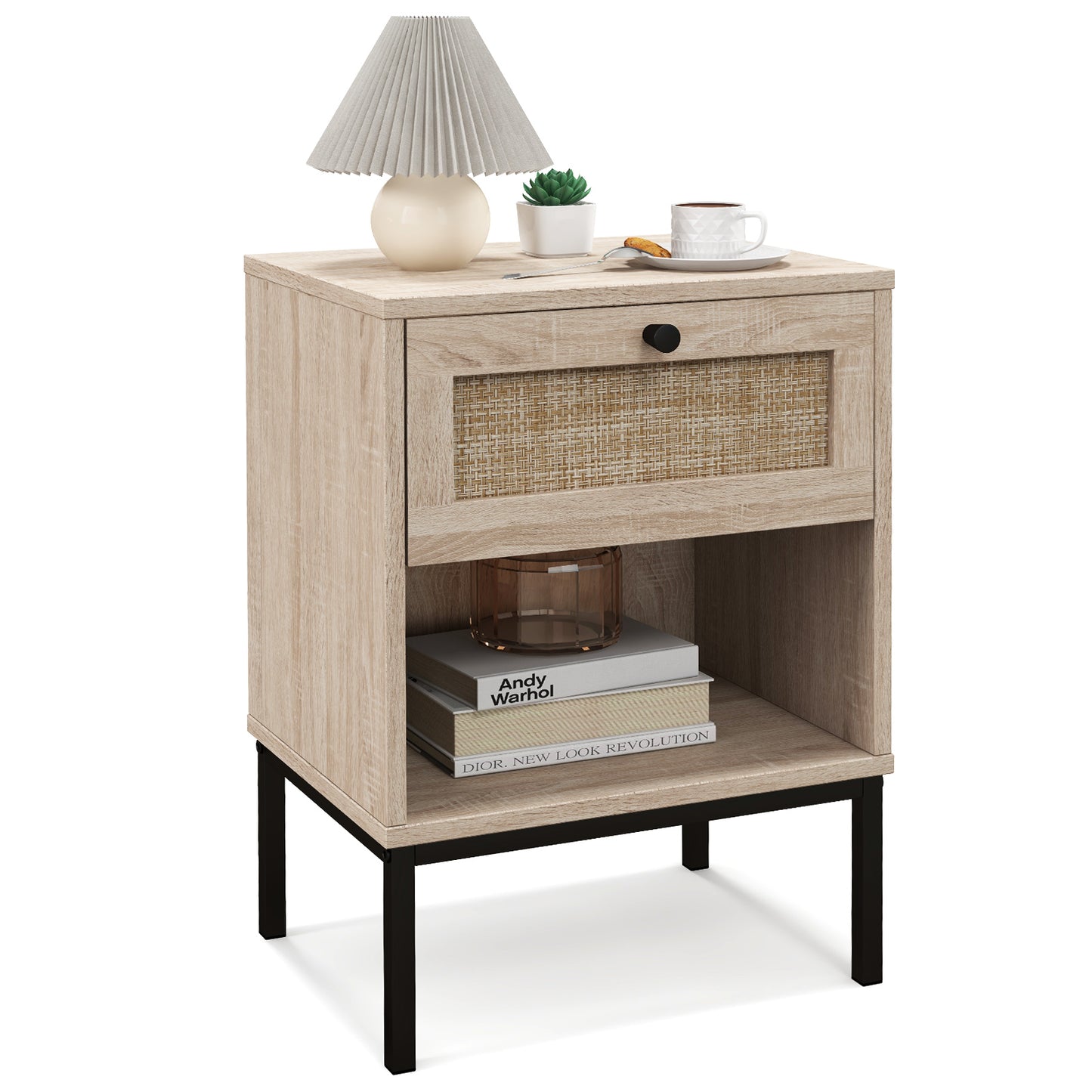 Rattan Nightstand With Drawer And Shelf, Oak Nightstands Oak at Gallery Canada