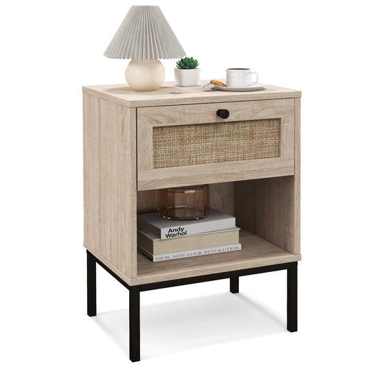 Rattan Nightstand With Drawer And Shelf, Oak