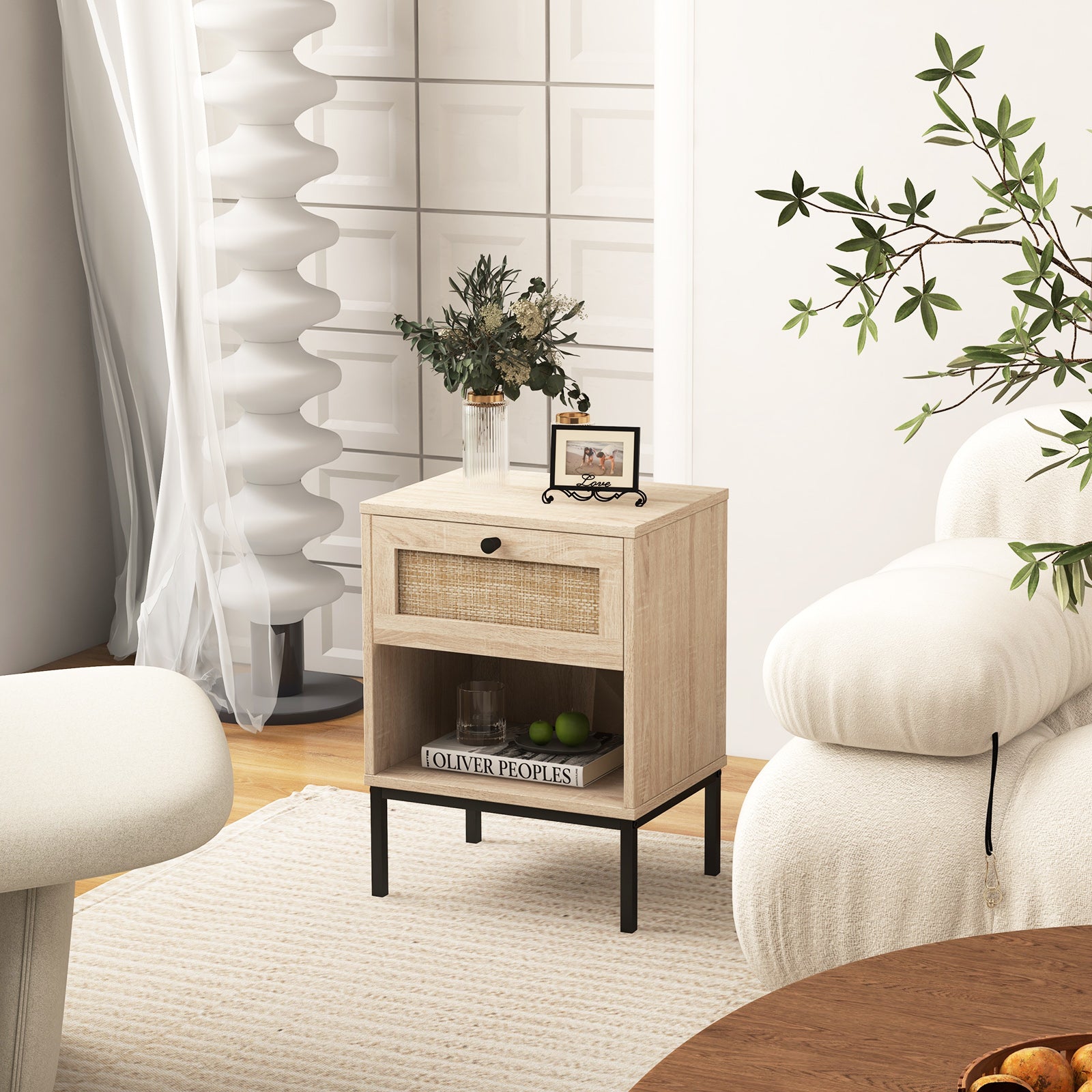 Rattan Nightstand With Drawer And Shelf, Oak Nightstands at Gallery Canada