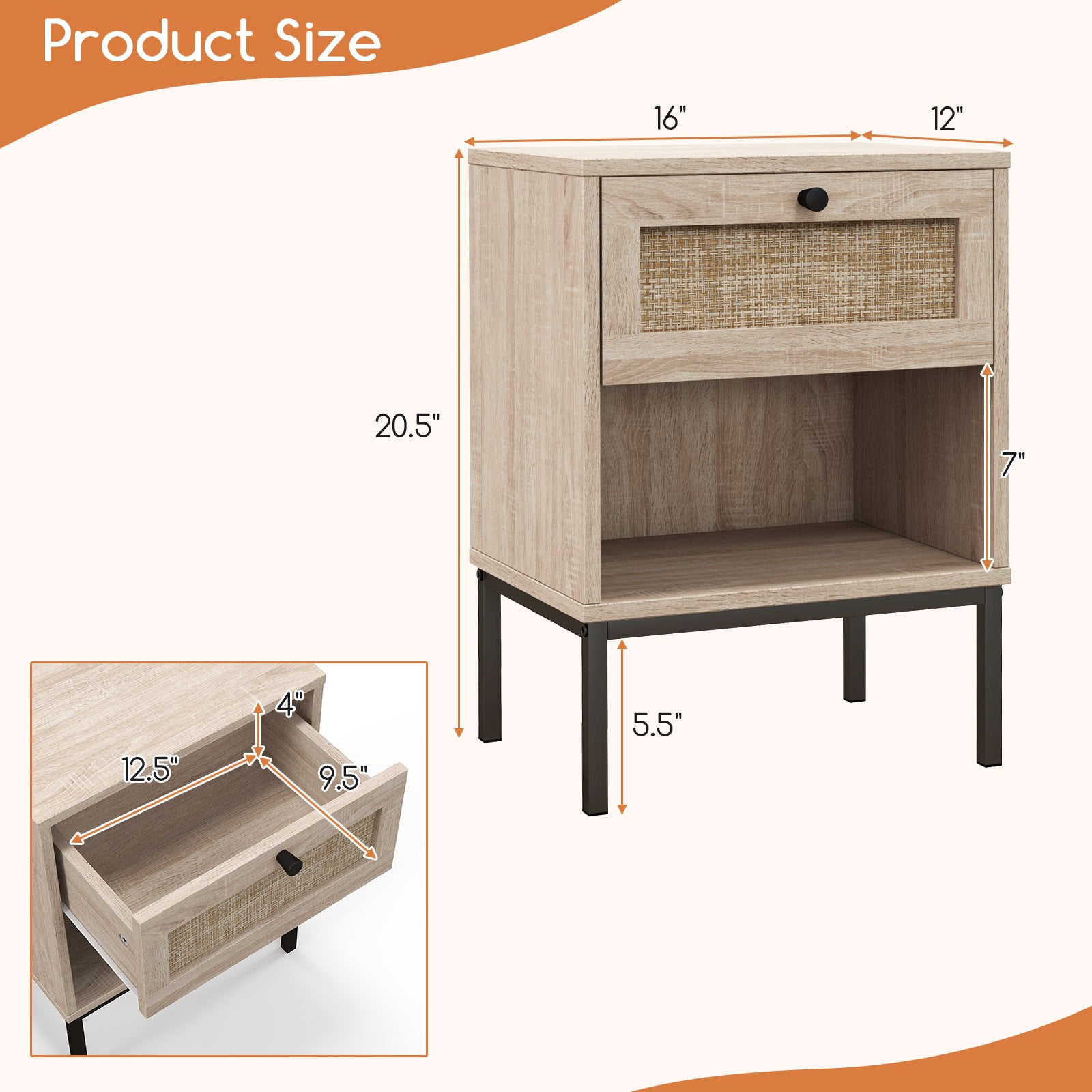 Rattan Nightstand With Drawer And Shelf, Oak Nightstands at Gallery Canada