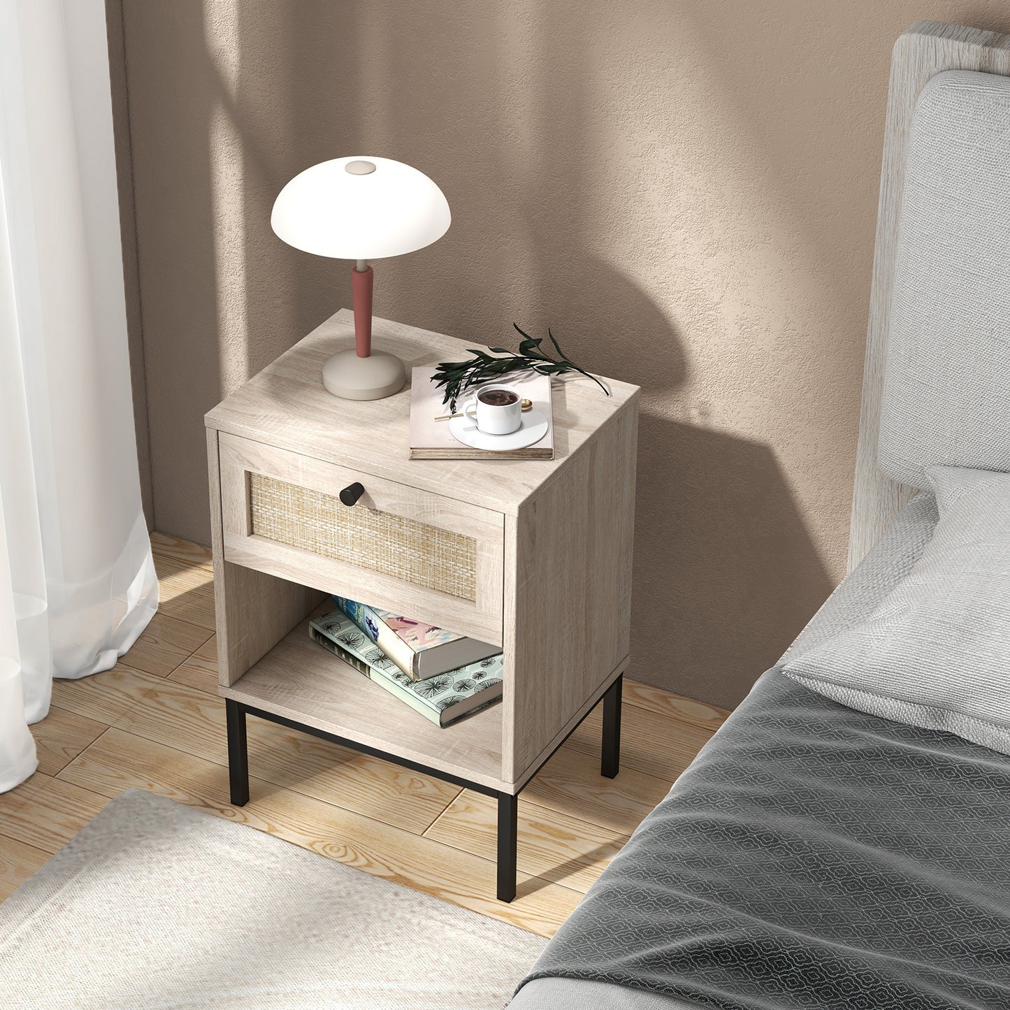 Rattan Nightstand With Drawer And Shelf, Oak Nightstands at Gallery Canada