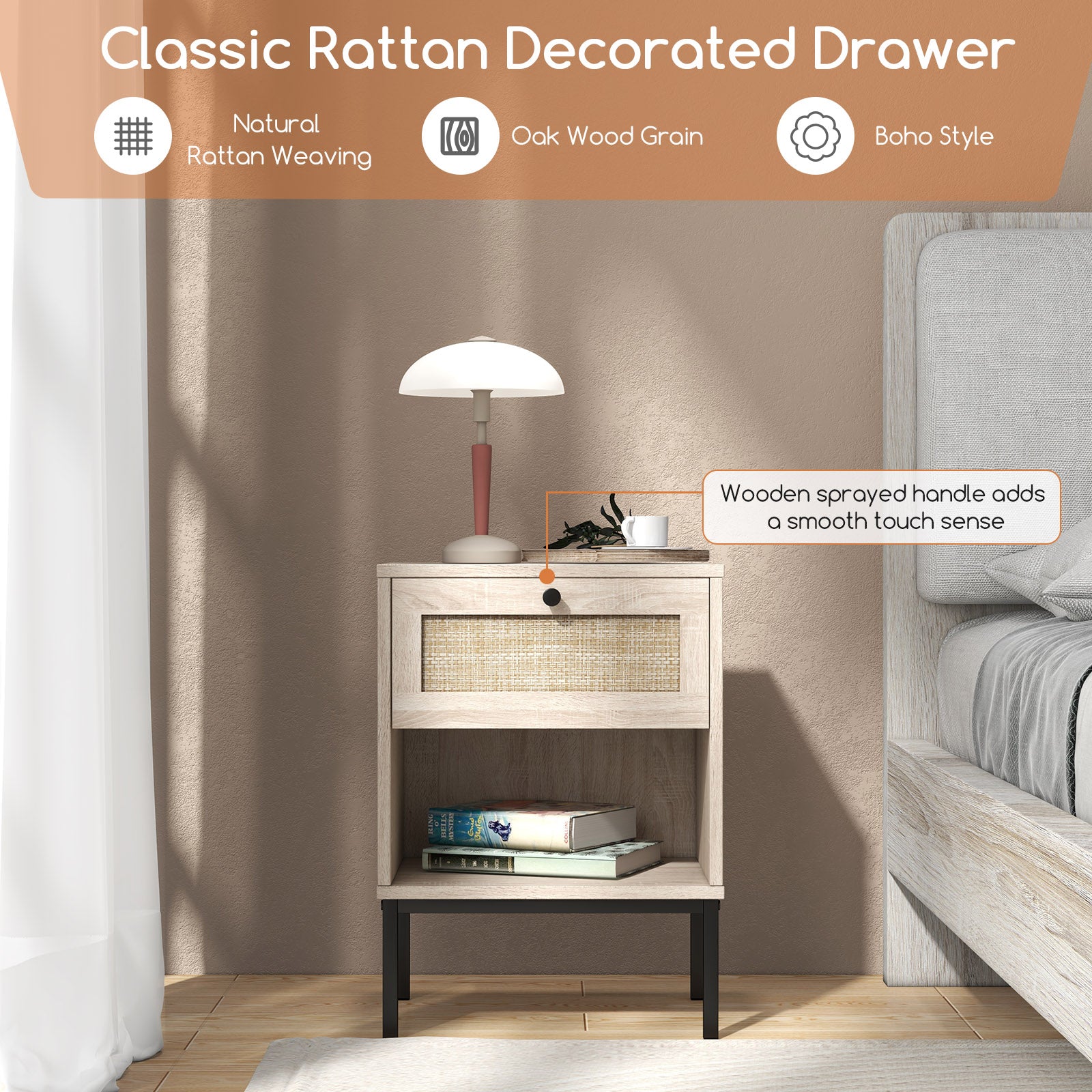 Rattan Nightstand With Drawer And Shelf, Oak Nightstands at Gallery Canada
