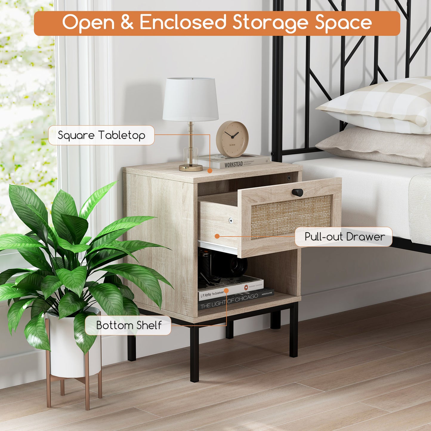 Rattan Nightstand With Drawer And Shelf, Oak Nightstands at Gallery Canada