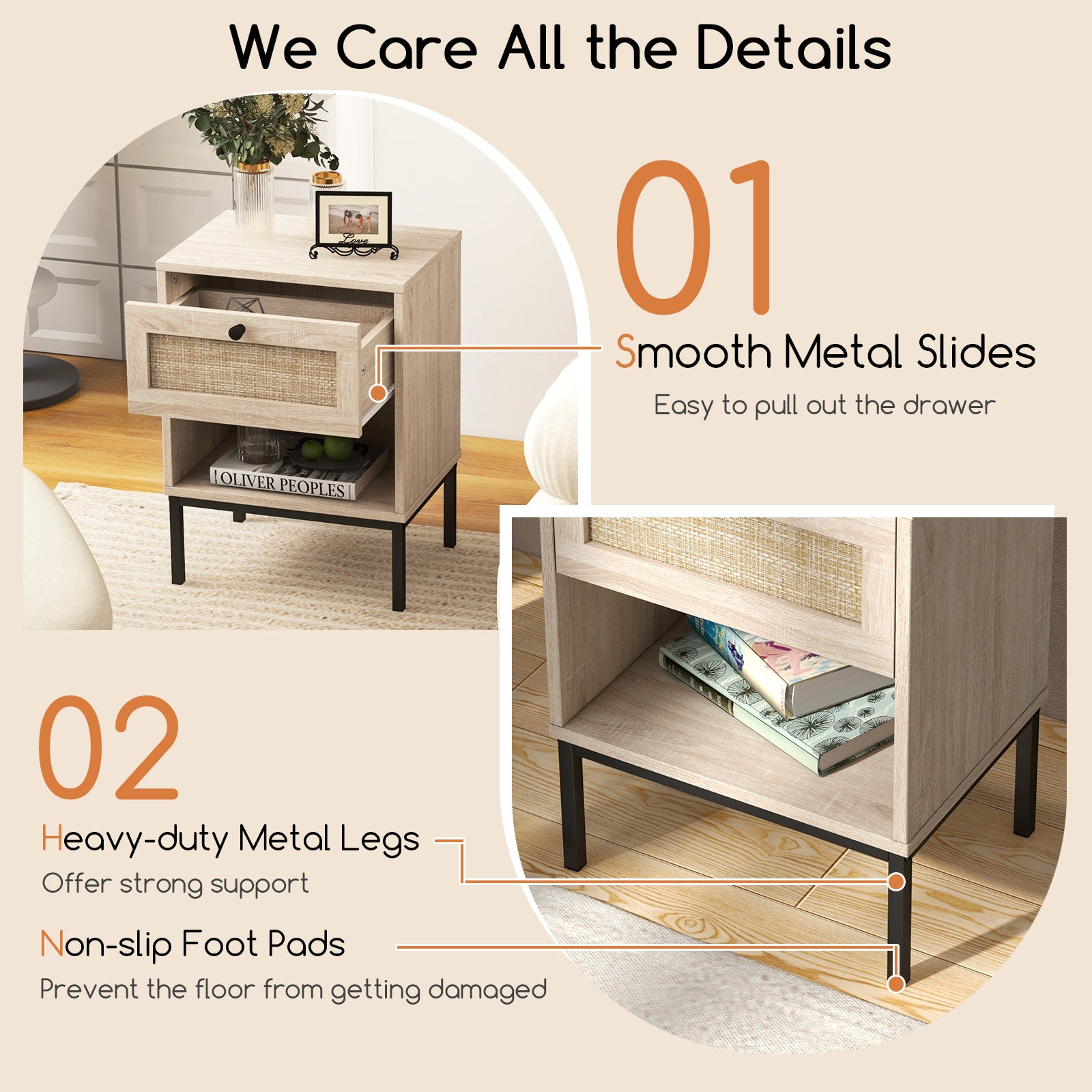 Rattan Nightstand With Drawer And Shelf, Oak Nightstands at Gallery Canada