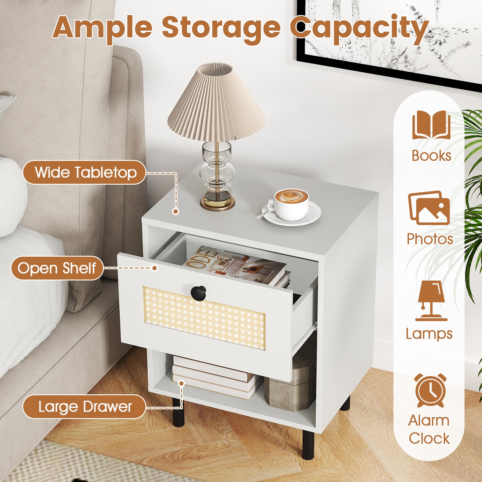 Rattan Nightstand, Boho End Table, 2-Piece Set, White Nightstands at Gallery Canada