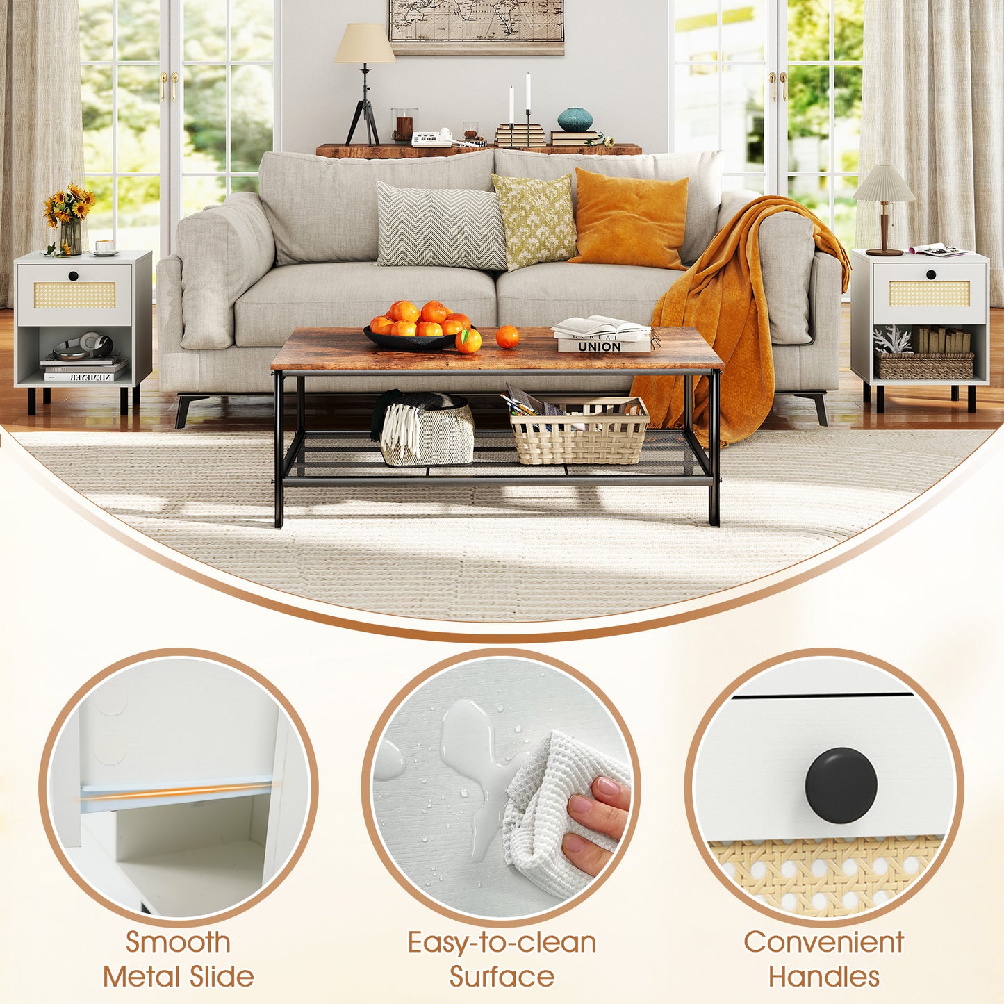 Rattan Nightstand, Boho End Table, 2-Piece Set, White Nightstands at Gallery Canada