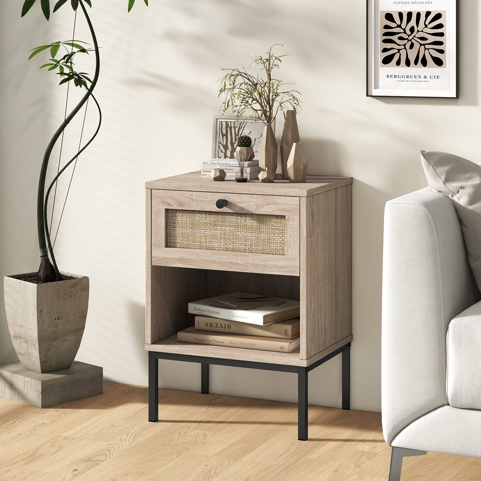 Rattan Nightstand Boho End Table, 2-Piece Set, Oak Nightstands at Gallery Canada