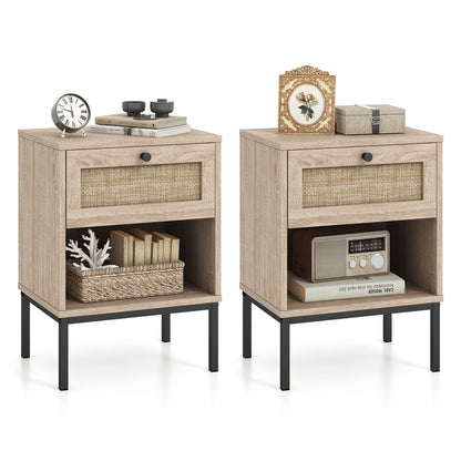 Rattan Nightstand Boho End Table, 2-Piece Set, Oak Nightstands at Gallery Canada