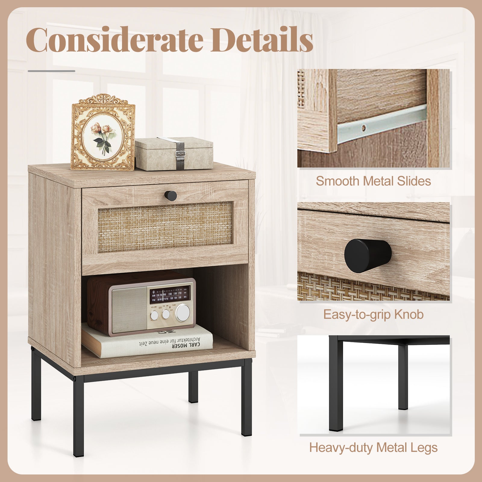 Rattan Nightstand Boho End Table, 2-Piece Set, Oak Nightstands at Gallery Canada