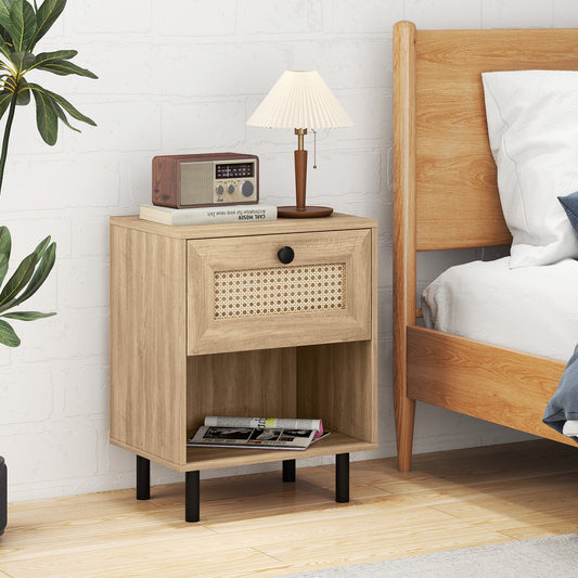 Rattan Nightstand, Boho End Table With Drawer And Shelf, Natural Bedroom Natural at Gallery Canada
