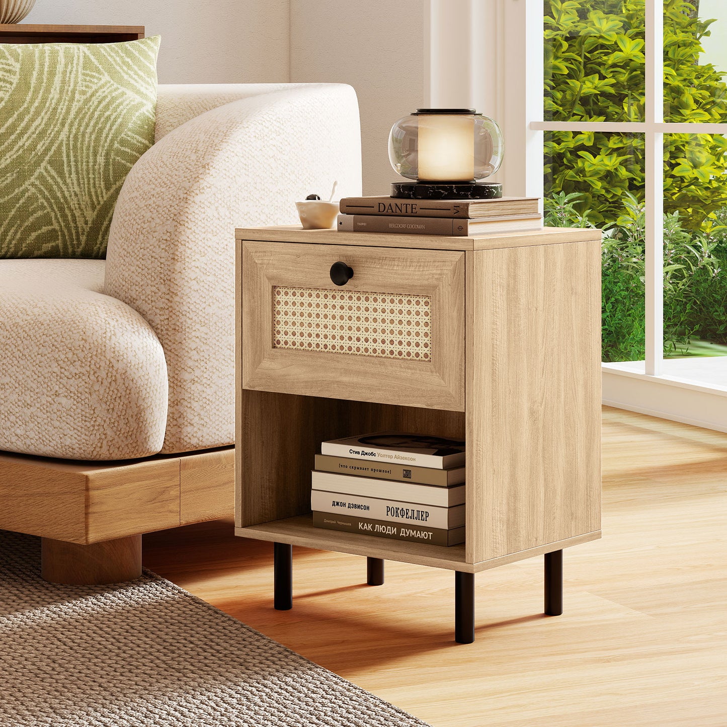Rattan Nightstand, Boho End Table With Drawer And Shelf, Natural Bedroom at Gallery Canada