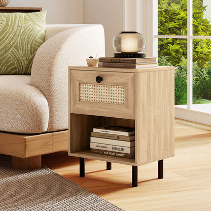 Rattan Nightstand, Boho End Table With Drawer And Shelf, Natural Bedroom at Gallery Canada
