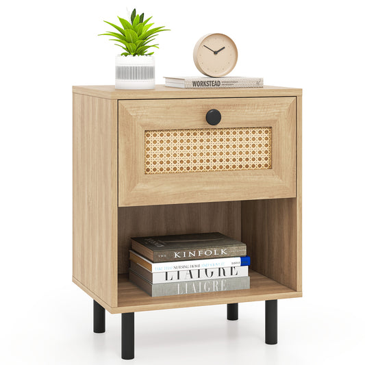 Rattan Nightstand, Boho End Table With Drawer And Shelf, Natural Bedroom Natural at Gallery Canada