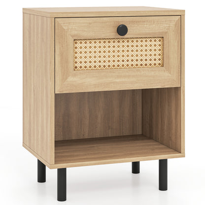 Rattan Nightstand, Boho End Table With Drawer And Shelf, Natural Bedroom at Gallery Canada