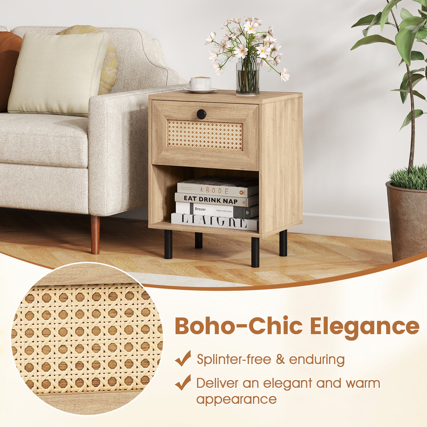 Rattan Nightstand, Boho End Table With Drawer And Shelf, Natural Bedroom at Gallery Canada