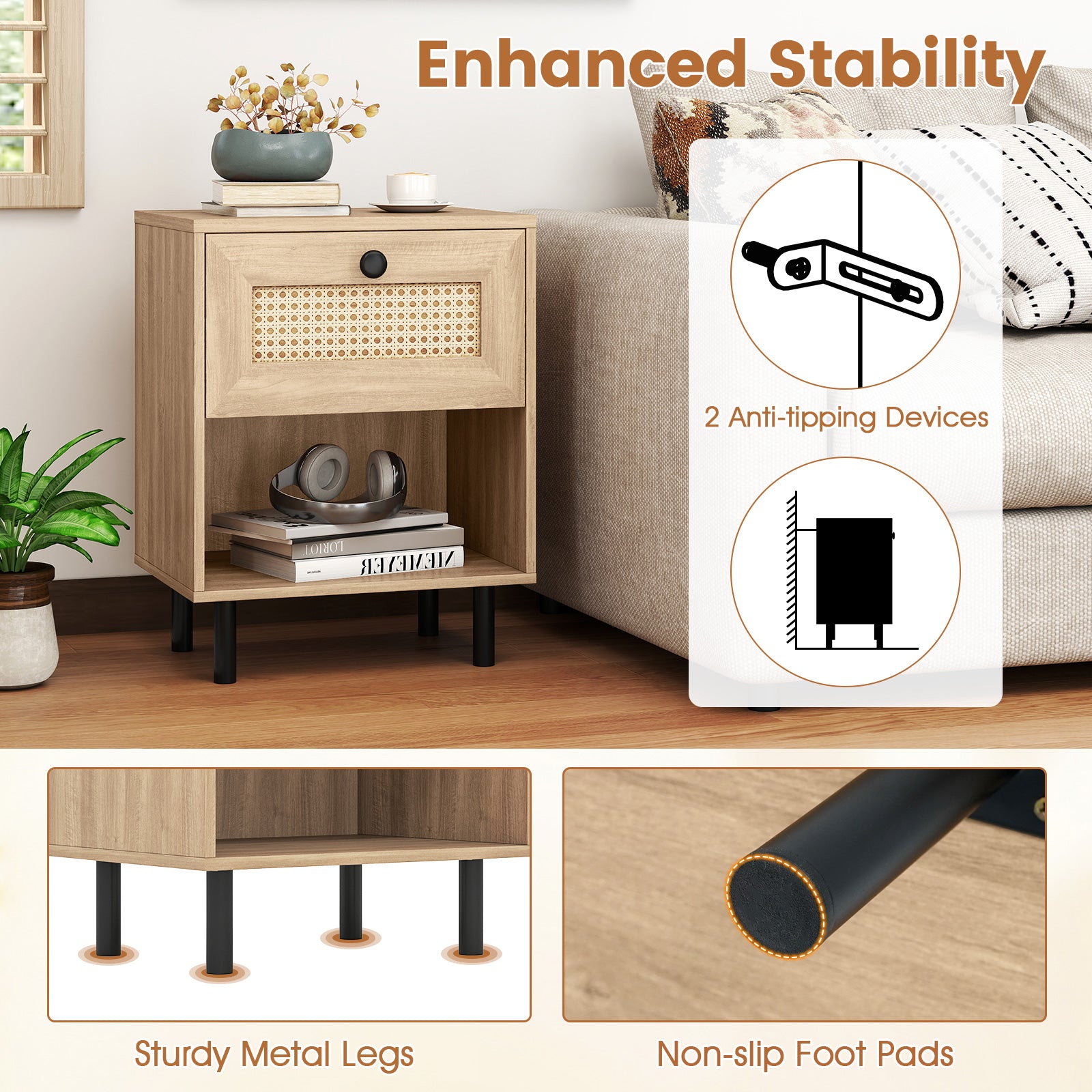Rattan Nightstand, Boho End Table With Drawer And Shelf, Natural Bedroom at Gallery Canada