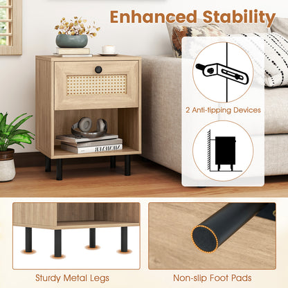 Rattan Nightstand, Boho End Table With Drawer And Shelf, Natural Bedroom at Gallery Canada