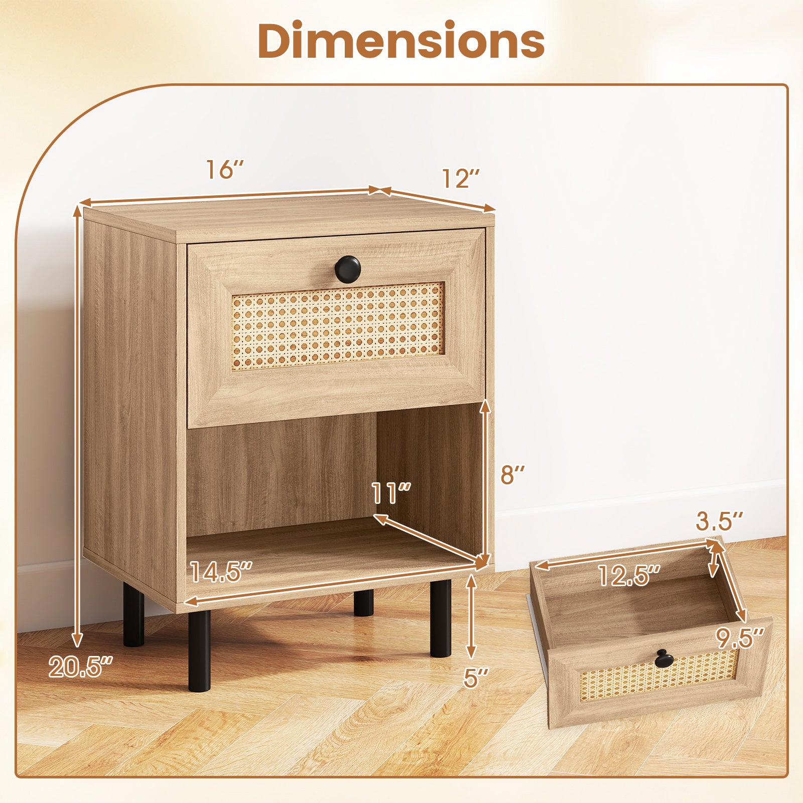 Rattan Nightstand, Boho End Table With Drawer, Open Shelf, Set Of 2, Natural Nightstands at Gallery Canada