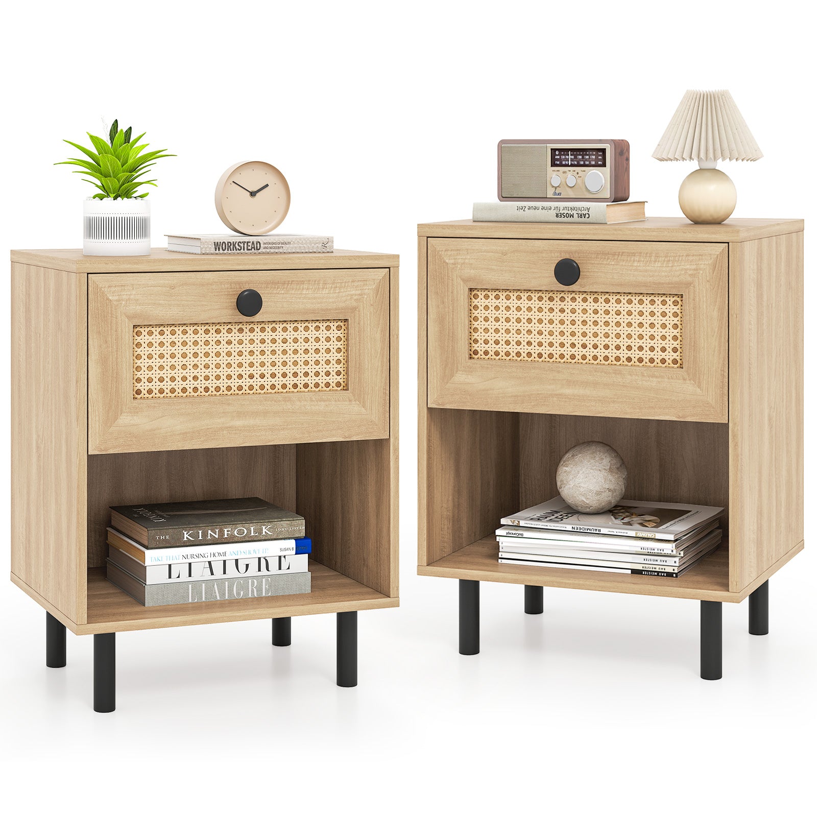 Rattan Nightstand, Boho End Table With Drawer, Open Shelf, Set Of 2, Natural Nightstands at Gallery Canada