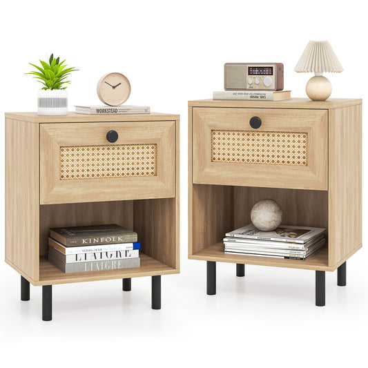 Rattan Nightstand, Boho End Table With Drawer, Open Shelf, Set Of 2, Natural Nightstands Natural at Gallery Canada