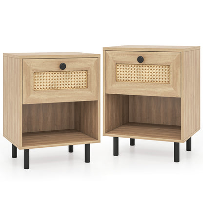 Rattan Nightstand, Boho End Table With Drawer, Open Shelf, Set Of 2, Natural Nightstands at Gallery Canada