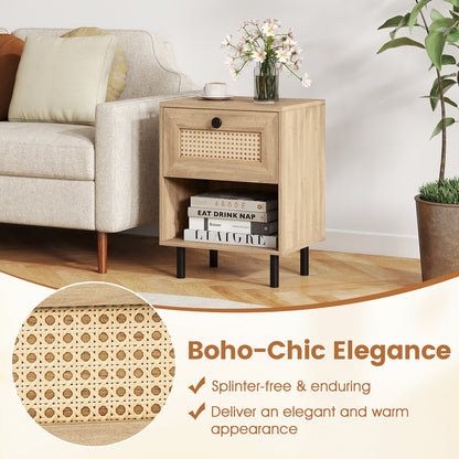 Rattan Nightstand, Boho End Table With Drawer, Open Shelf, Set Of 2, Natural Nightstands at Gallery Canada