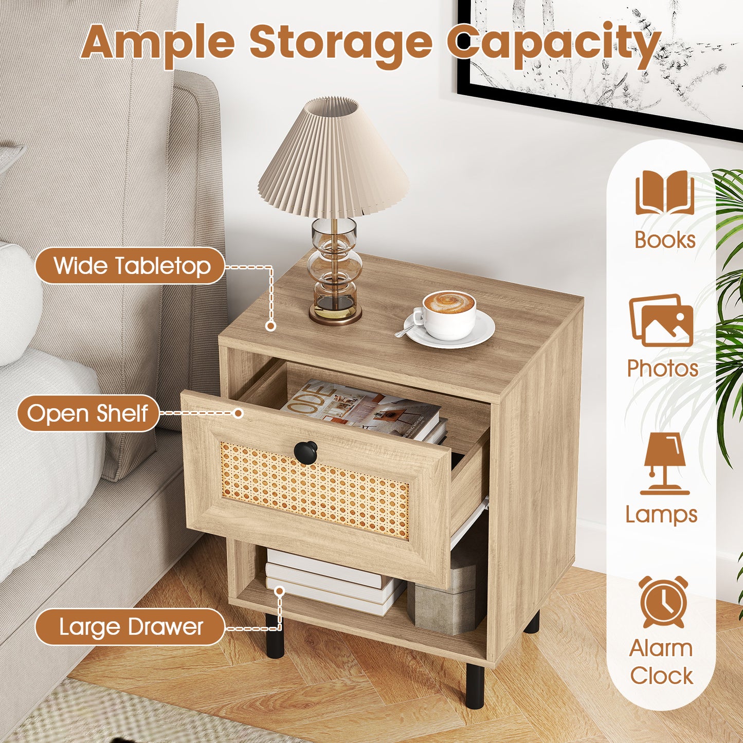 Rattan Nightstand, Boho End Table With Drawer, Open Shelf, Set Of 2, Natural Nightstands at Gallery Canada