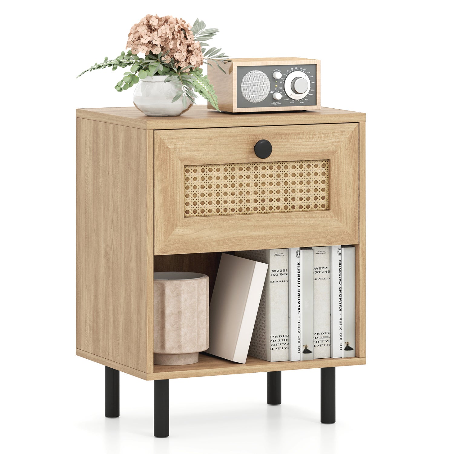 Rattan Nightstand, Boho End Table With Drawer And Shelf, Natural Bedroom Natural at Gallery Canada
