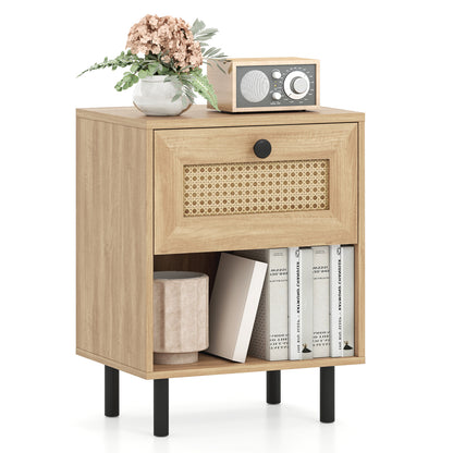 Rattan Nightstand, Boho End Table With Drawer And Shelf, Natural Bedroom at Gallery Canada