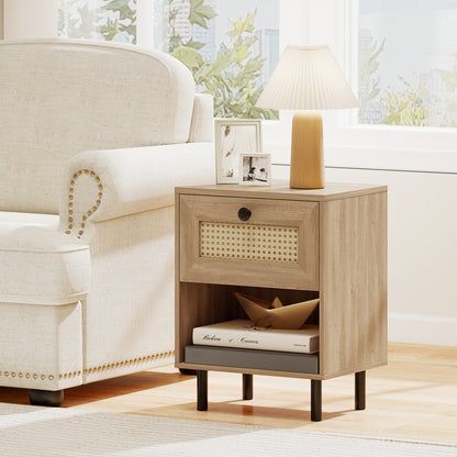 Rattan Nightstand, Boho End Table With Drawer And Shelf, Natural Bedroom at Gallery Canada