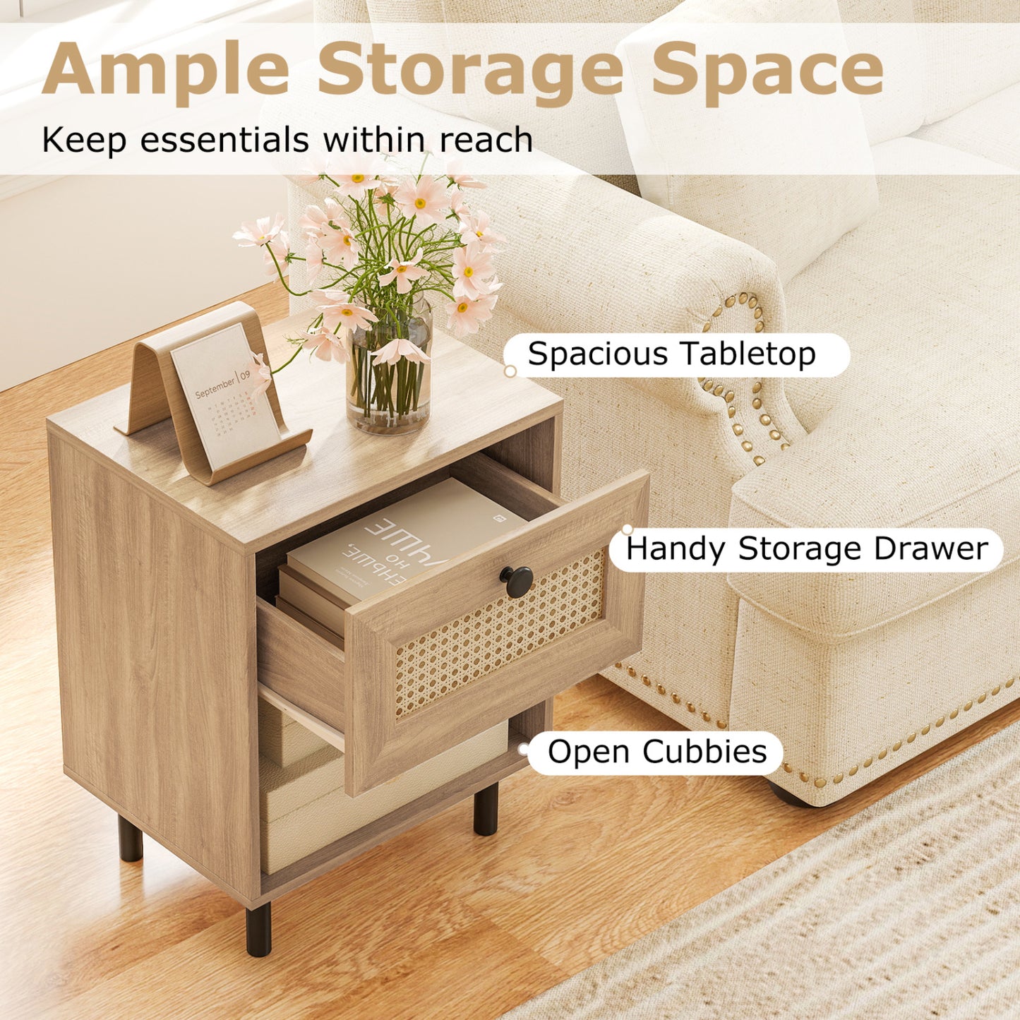 Rattan Nightstand, Boho End Table With Drawer And Shelf, Natural Bedroom at Gallery Canada
