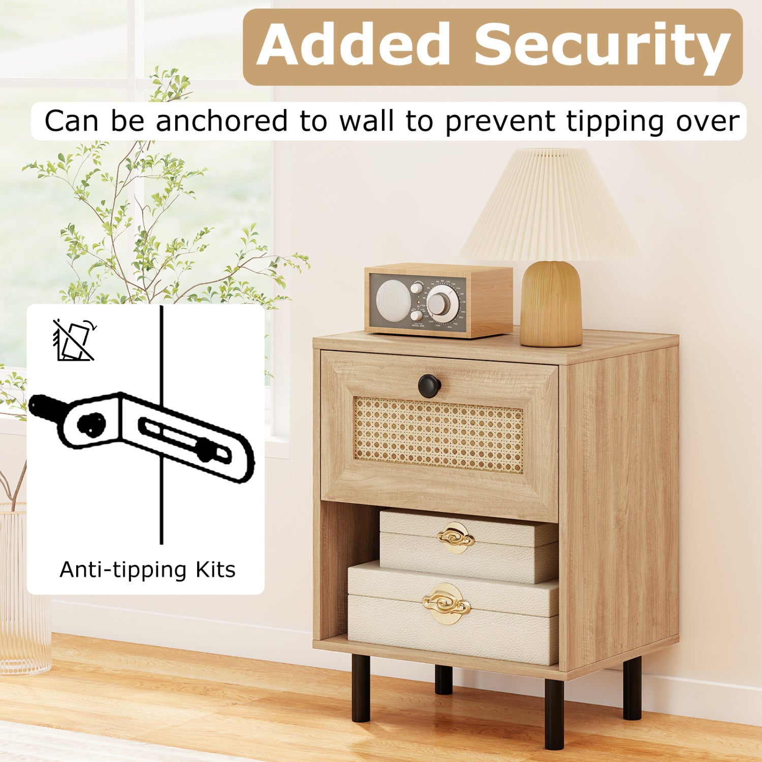 Rattan Nightstand, Boho End Table With Drawer And Shelf, Natural Bedroom at Gallery Canada