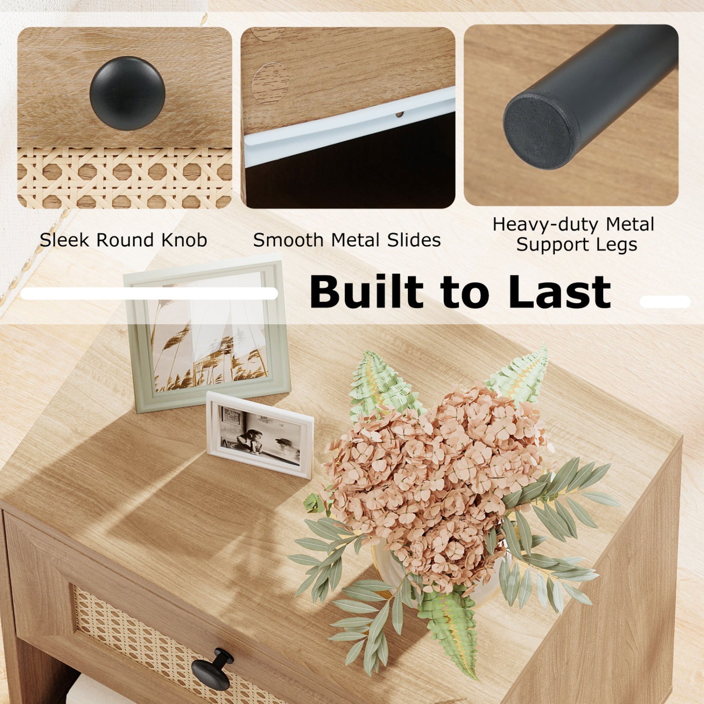 Rattan Nightstand, Boho End Table With Drawer And Shelf, Natural Bedroom at Gallery Canada