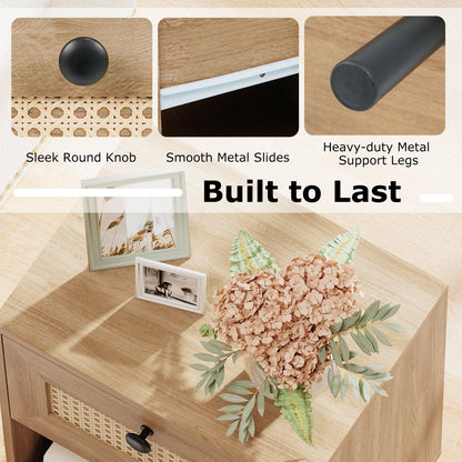 Rattan Nightstand, Boho End Table With Drawer And Shelf, Natural Bedroom at Gallery Canada