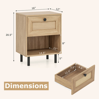 Rattan Nightstand, Boho End Table With Drawer And Shelf, Natural Bedroom at Gallery Canada