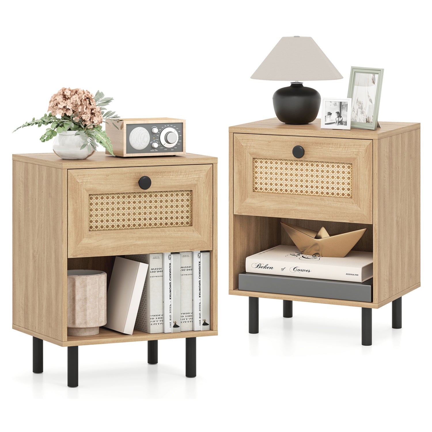 Rattan Nightstand, Boho End Table With Drawer, Open Shelf, Set Of 2, Natural Nightstands Natural at Gallery Canada