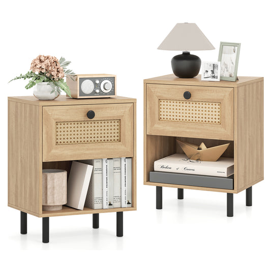 Rattan Nightstand, Boho End Table With Drawer, Open Shelf, Set Of 2, Natural