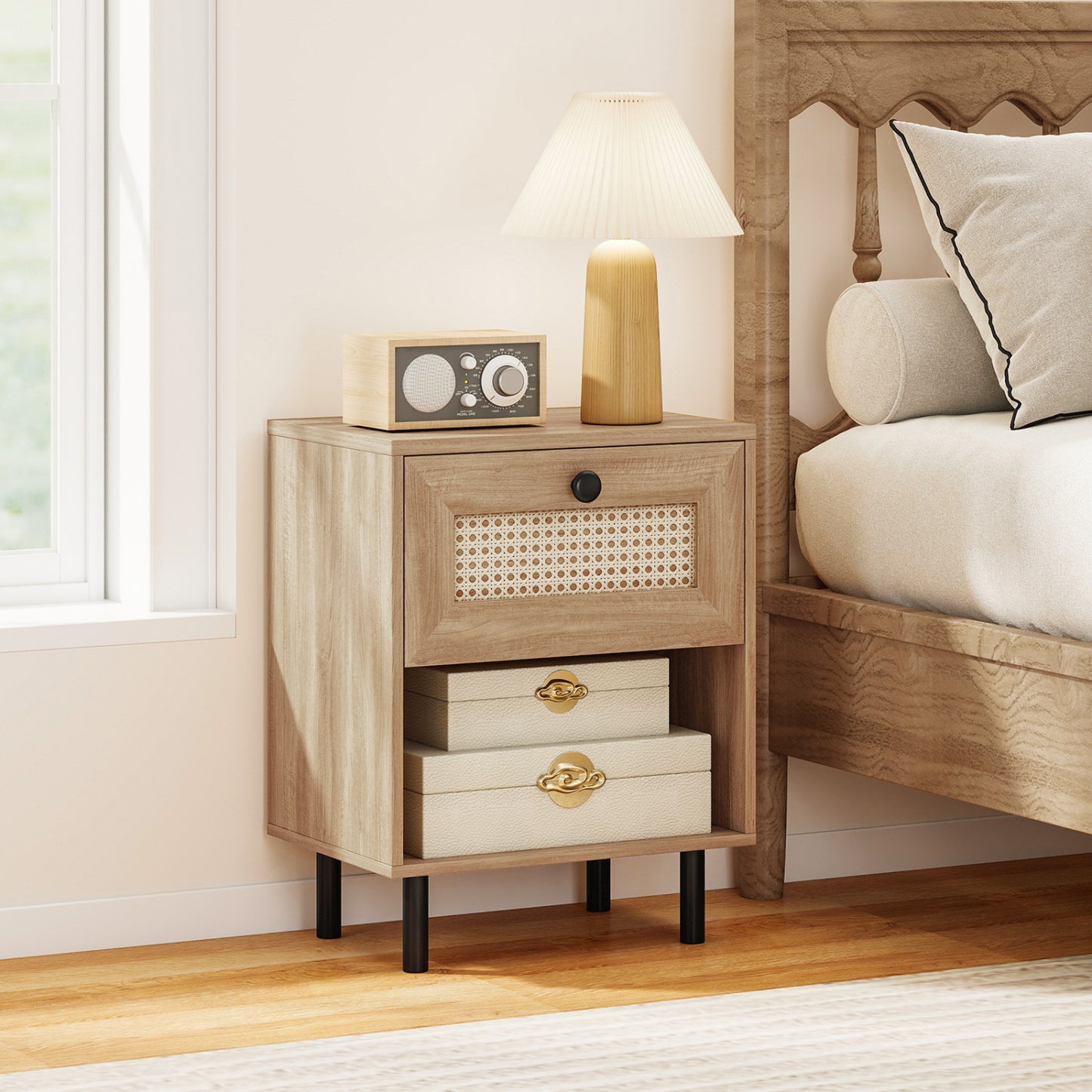 Rattan Nightstand, Boho End Table With Drawer, Open Shelf, Set Of 2, Natural Nightstands at Gallery Canada