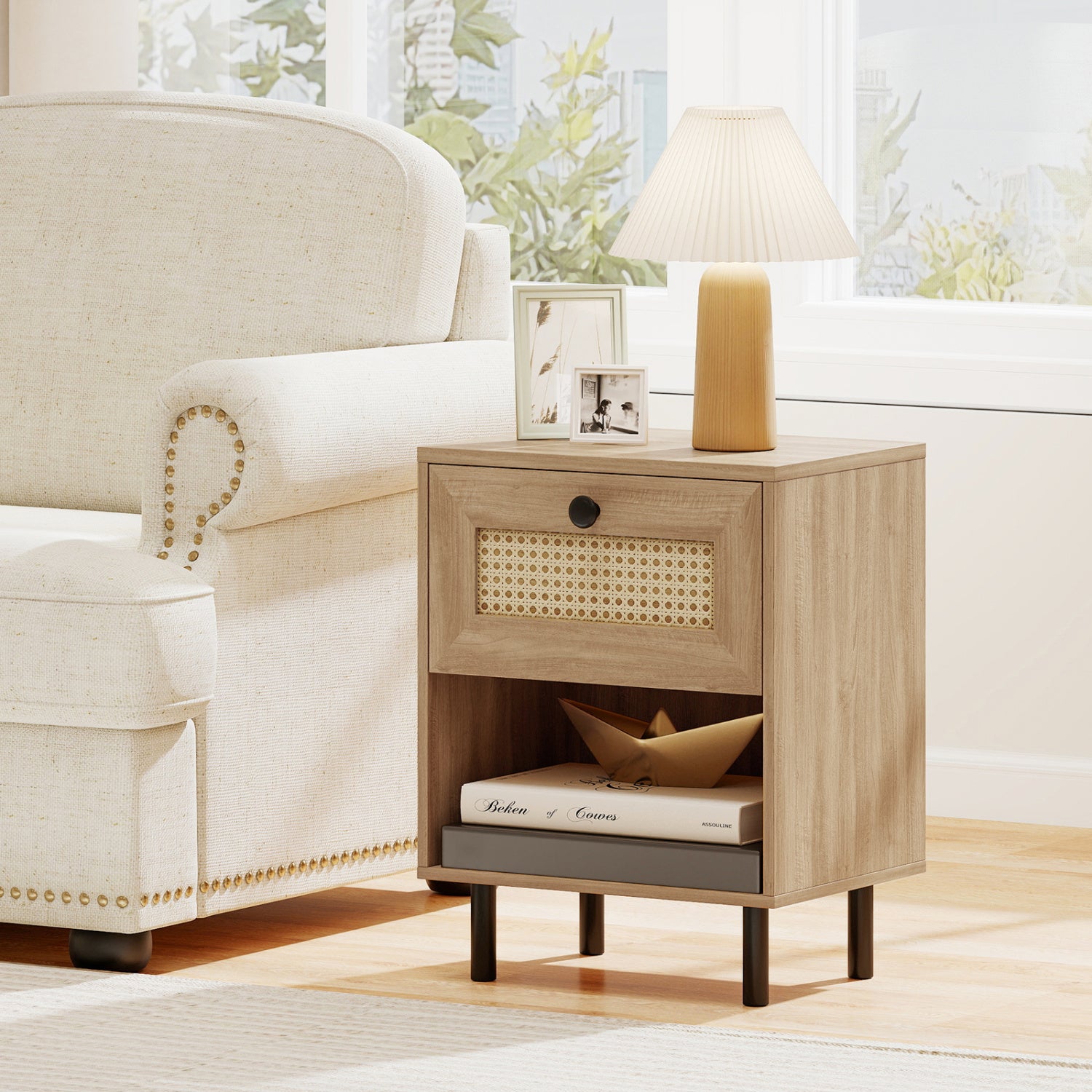 Rattan Nightstand, Boho End Table With Drawer, Open Shelf, Set Of 2, Natural Nightstands at Gallery Canada
