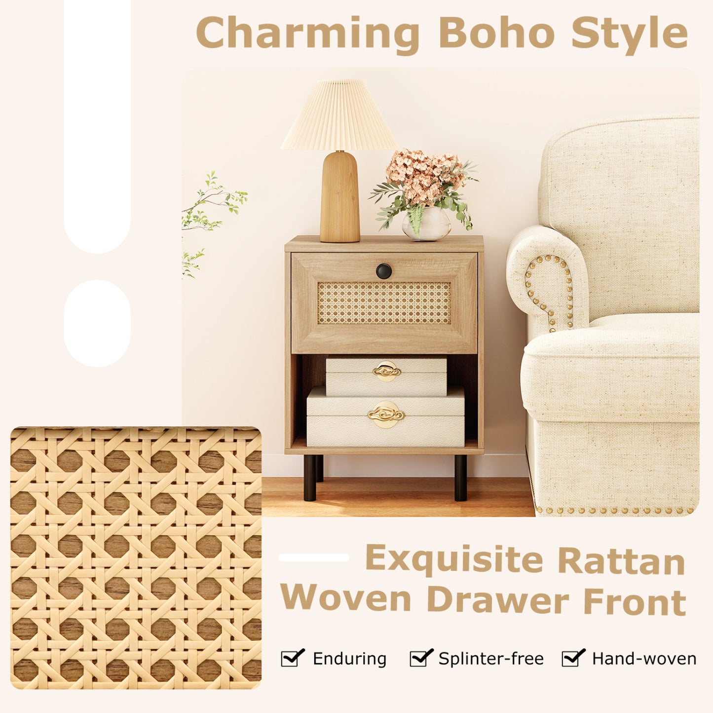 Rattan Nightstand, Boho End Table With Drawer, Open Shelf, Set Of 2, Natural Nightstands at Gallery Canada