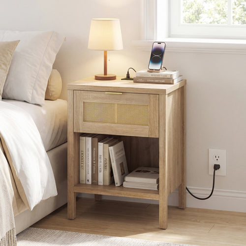 Rattan Nightstand With Charging Station, Oak