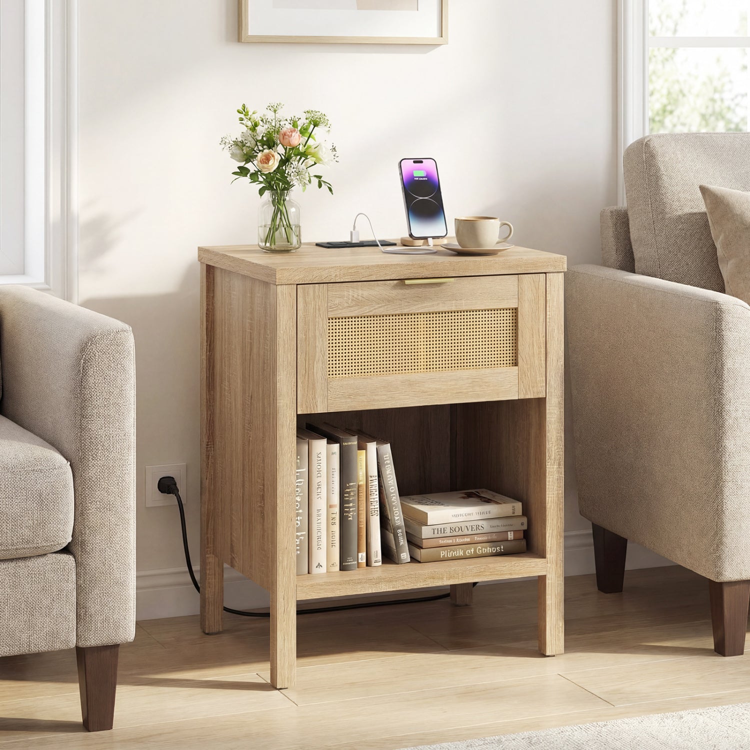 Rattan Nightstand With Charging Station, Oak Nightstands at Gallery Canada