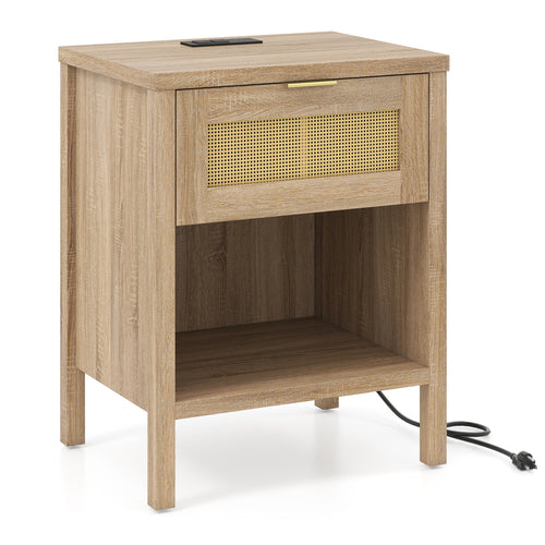 Rattan Nightstand With Charging Station, Oak
