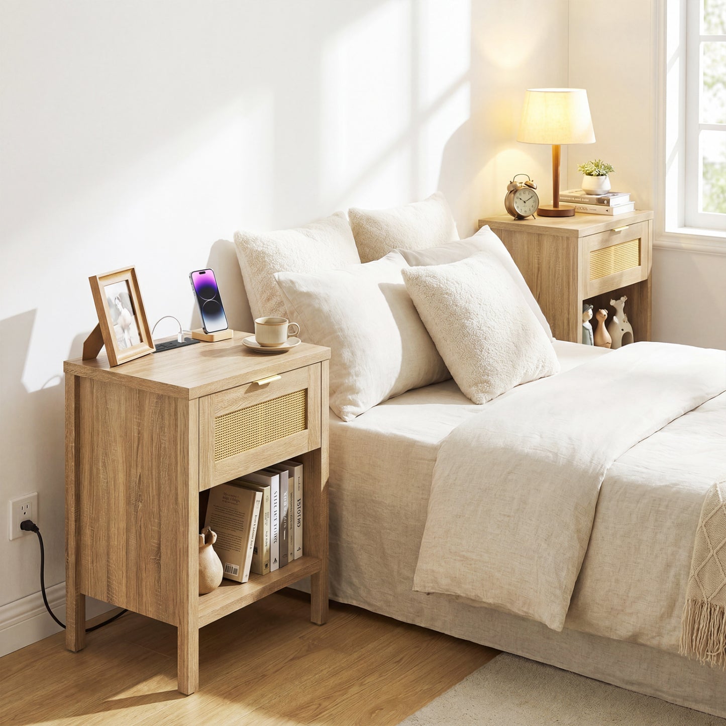 Rattan Nightstand With Charging Station, Oak Nightstands at Gallery Canada