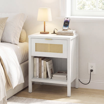 Rattan Nightstand with Charging Station, White Nightstands at Gallery Canada