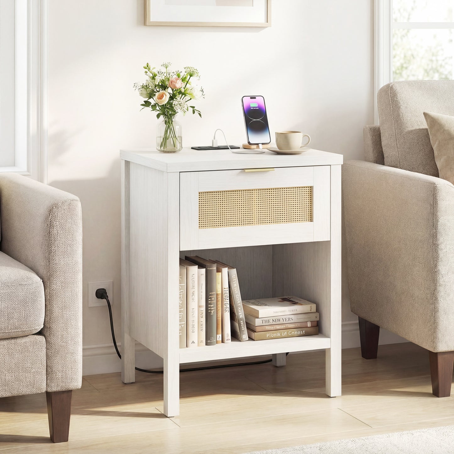 Rattan Nightstand with Charging Station, White Nightstands at Gallery Canada