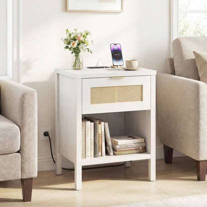 Rattan Nightstand with Charging Station, White Nightstands at Gallery Canada