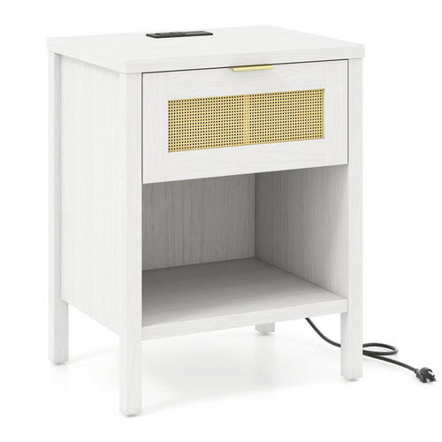 Rattan Nightstand with Charging Station, White