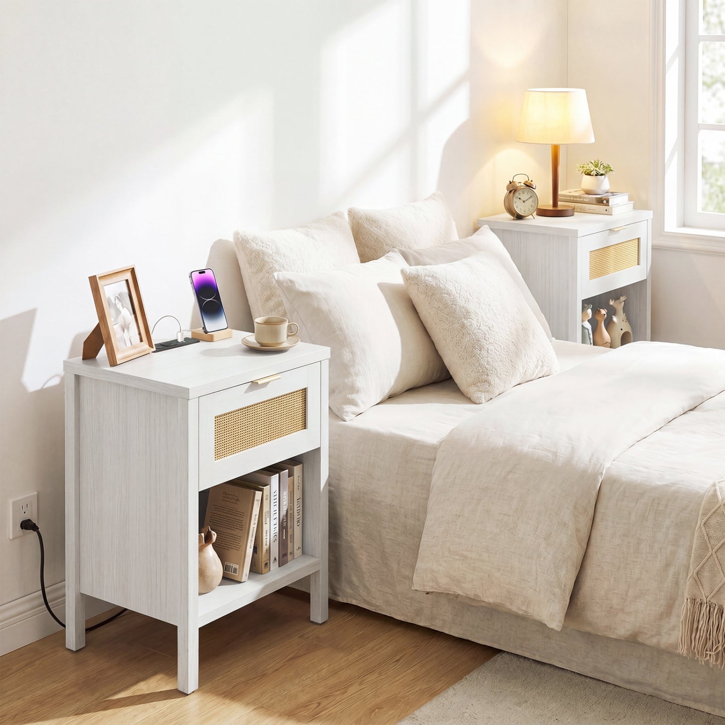 Rattan Nightstand with Charging Station, White Nightstands at Gallery Canada